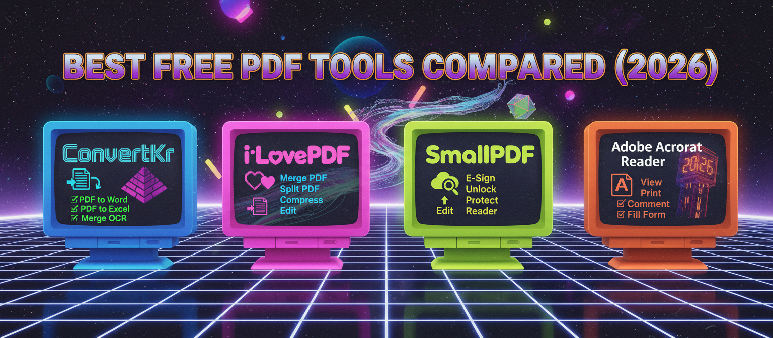 Comparison of free PDF tools — ConvertKr vs iLovePDF vs SmallPDF vs Adobe Acrobat in 2026.