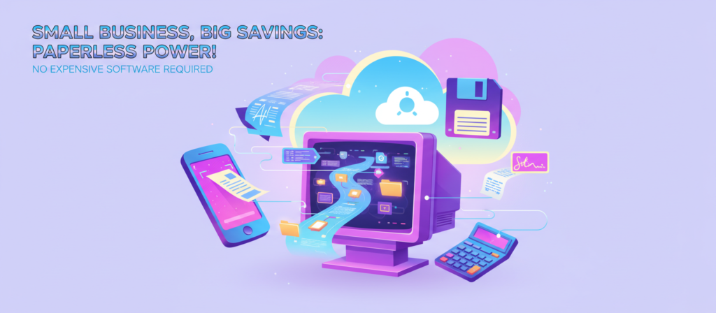 Small business document workflow showing phone scanning, PDF conversion, and organized digital folders