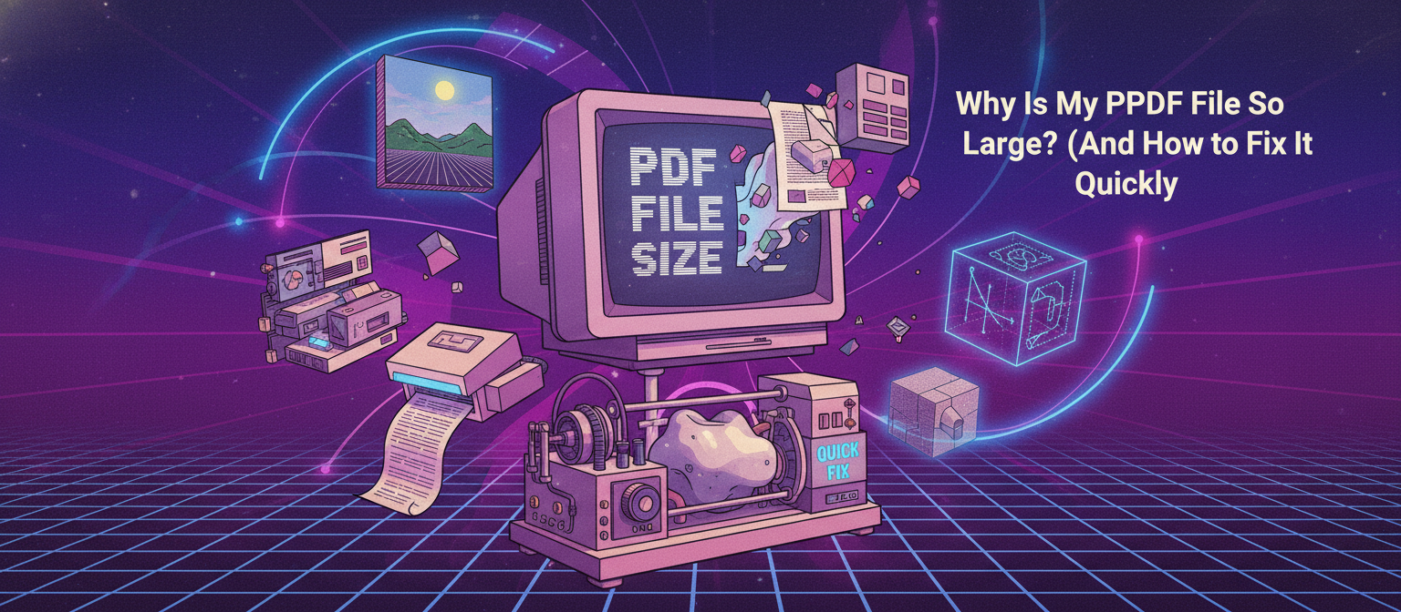 Diagram showing common reasons PDFs become large — embedded images, scanned pages, fonts, and duplicate resources — with a compress PDF solution